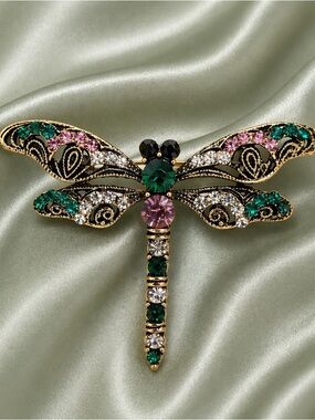 Couture Dragonfly Green Crystal Brooch